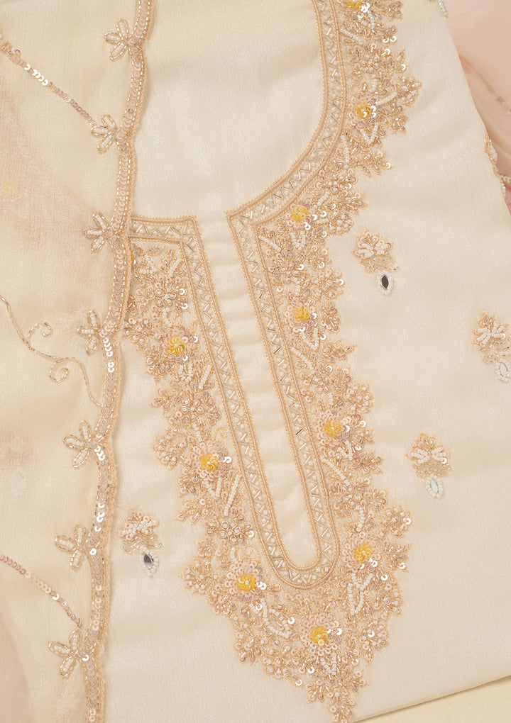 Off White Cutdana Chinon Unstitched Salwar Suit