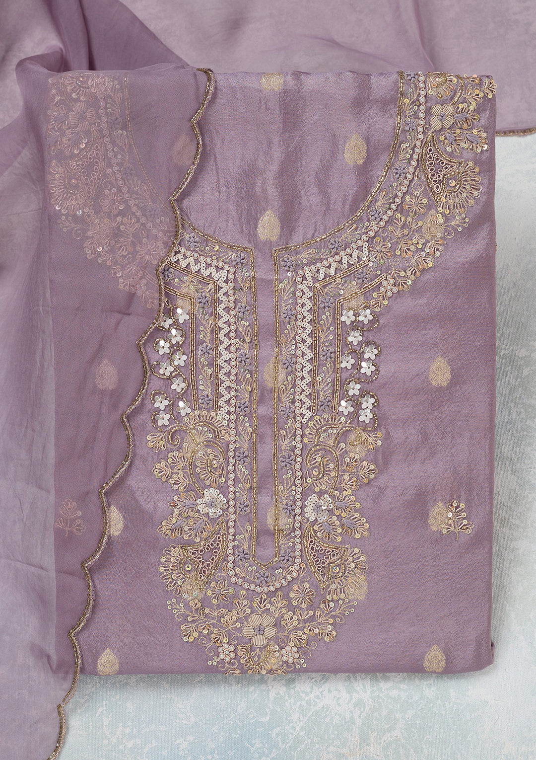 Lavender Cutdana Organza Unstitched Salwar Suit