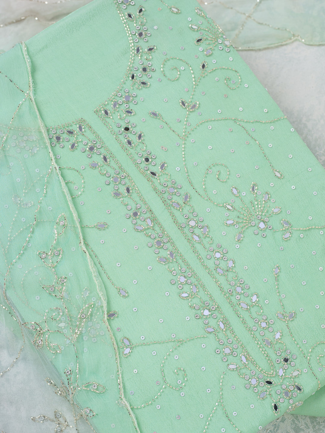 Pista Green Mirrorwork Georgette Unstitched Salwar Suit