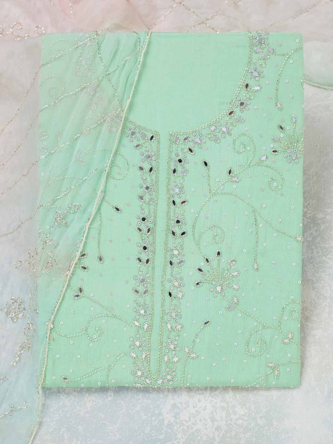 Pista Green Mirrorwork Georgette Unstitched Salwar Suit