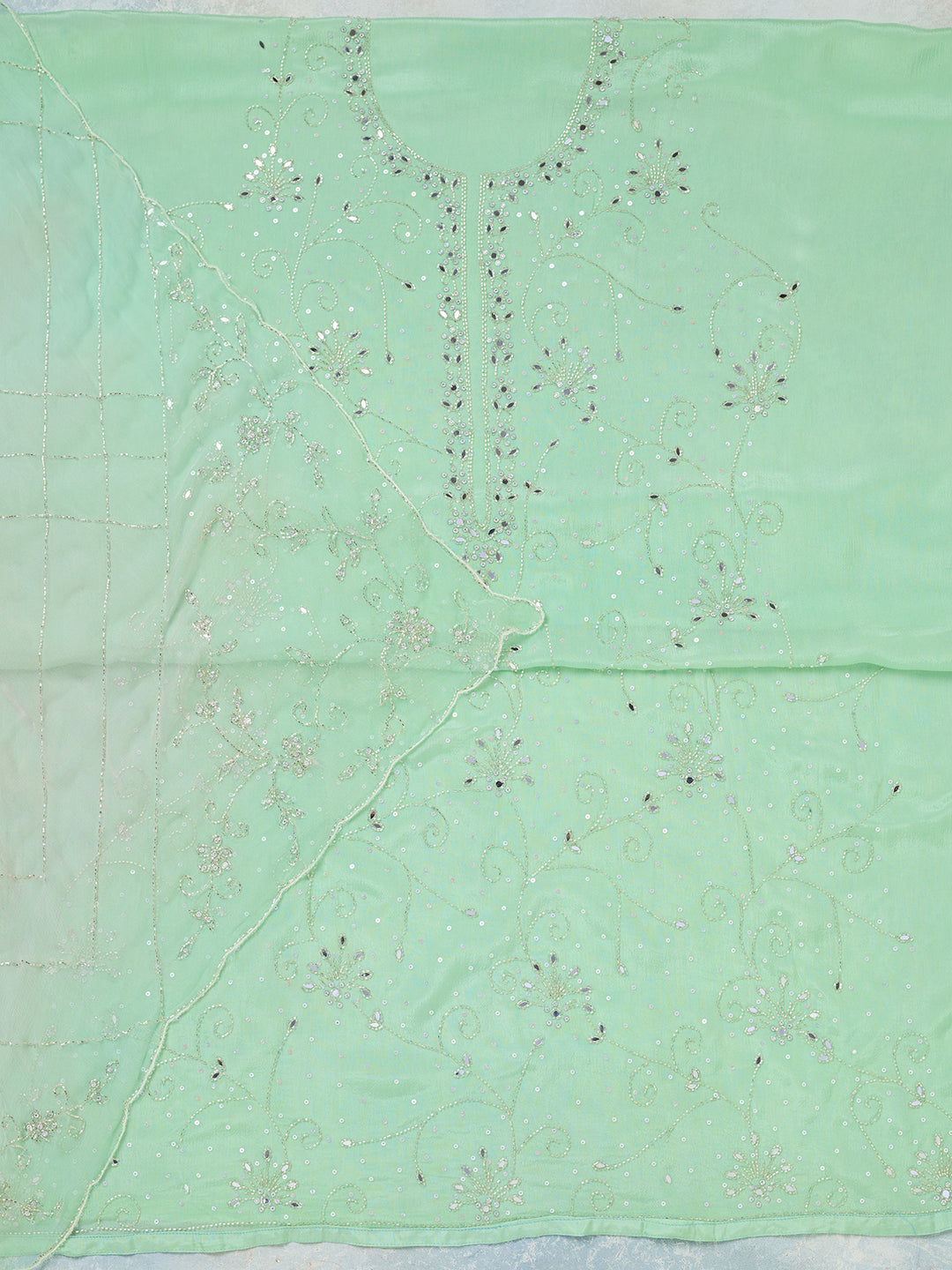 Pista Green Mirrorwork Georgette Unstitched Salwar Suit