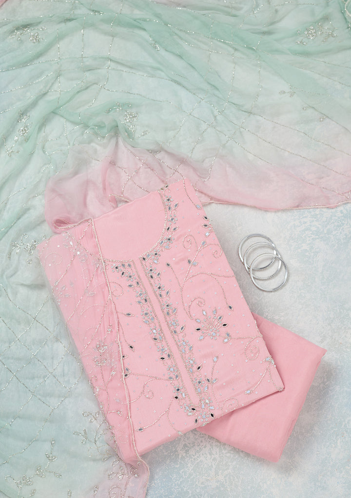 Pink Georgette Mirrorwork Unstitched Dress Material With Matching Bottom And Dupatta