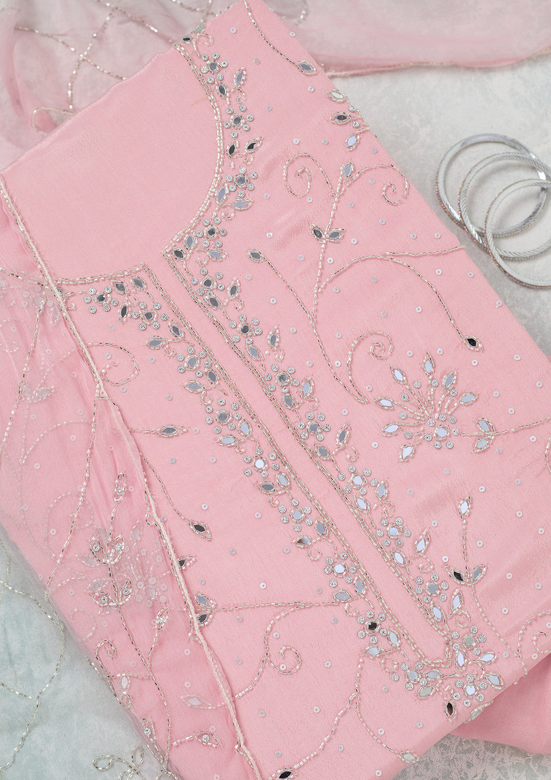 Pink Georgette Mirrorwork Unstitched Dress Material With Matching Bottom And Dupatta