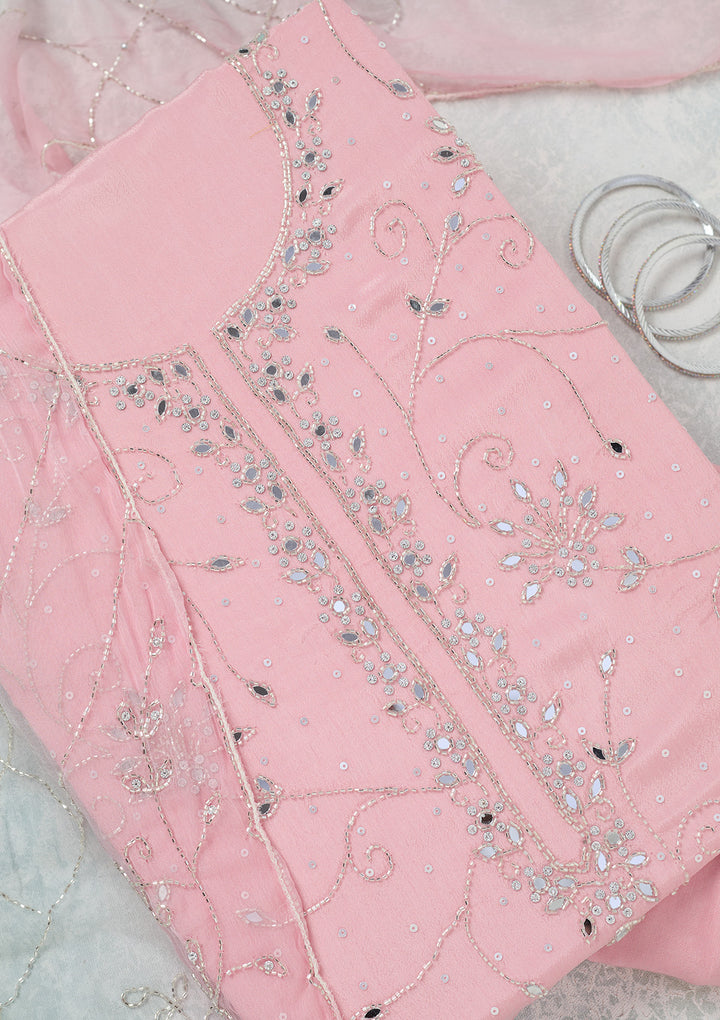 Pink Georgette Mirrorwork Unstitched Dress Material With Matching Bottom And Dupatta