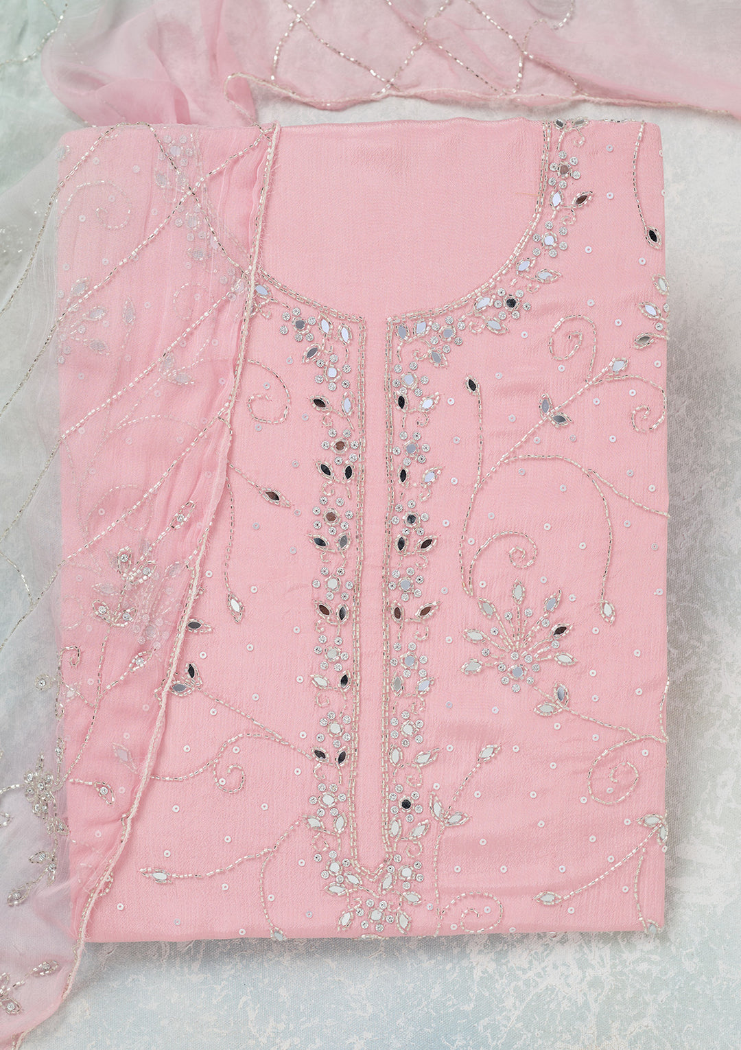 Pink Georgette Mirrorwork Unstitched Dress Material With Matching Bottom And Dupatta
