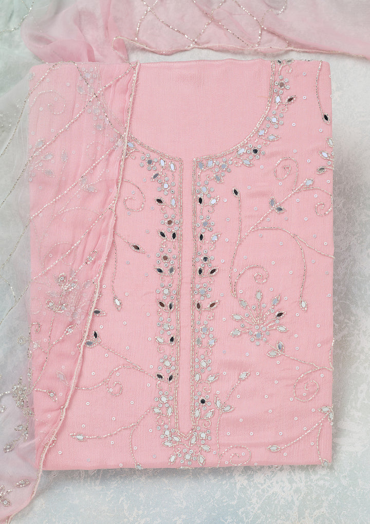 Pink Georgette Mirrorwork Unstitched Dress Material With Matching Bottom And Dupatta