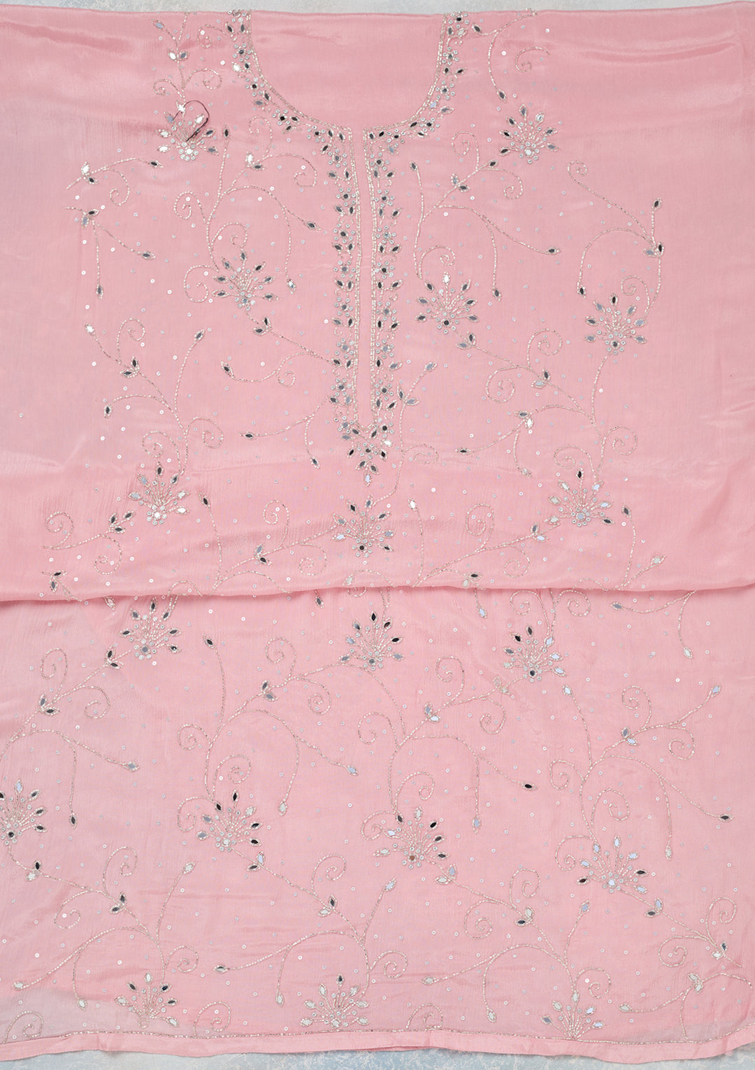 Pink Georgette Mirrorwork Unstitched Dress Material With Matching Bottom And Dupatta