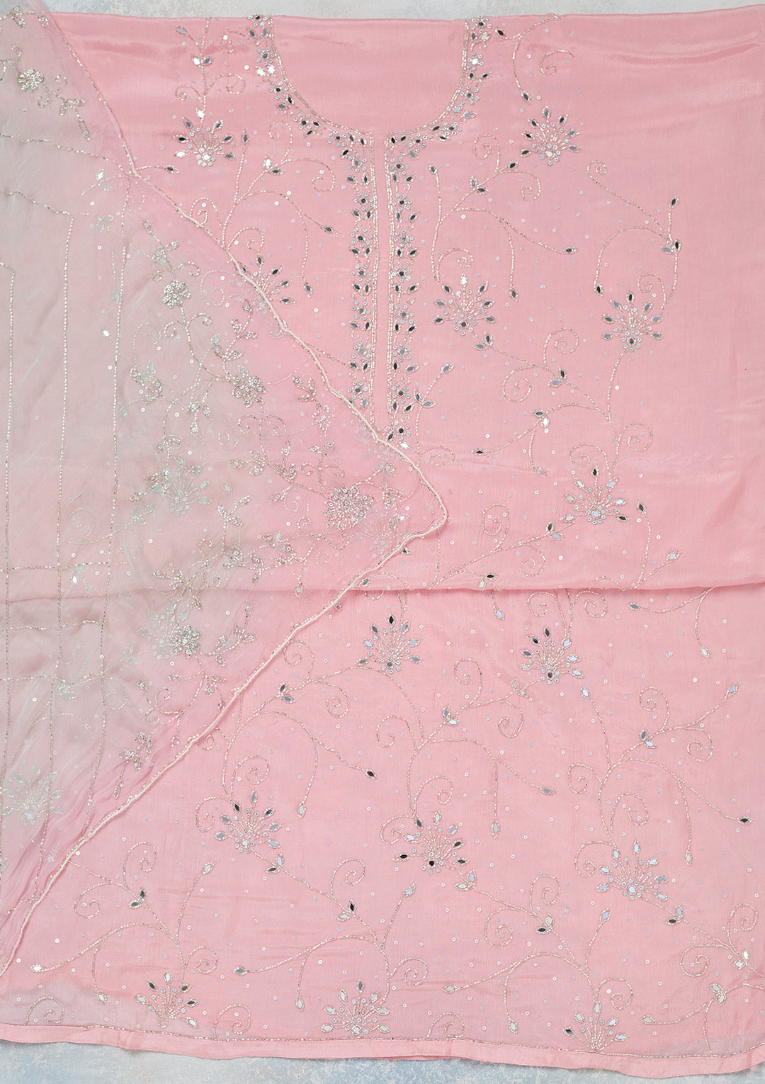 Pink Georgette Mirrorwork Unstitched Dress Material With Matching Bottom And Dupatta