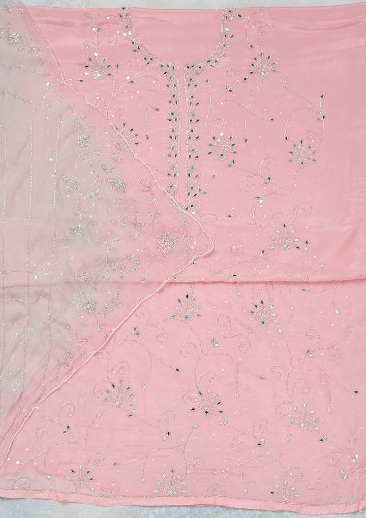 Pink Georgette Mirrorwork Unstitched Dress Material With Matching Bottom And Dupatta