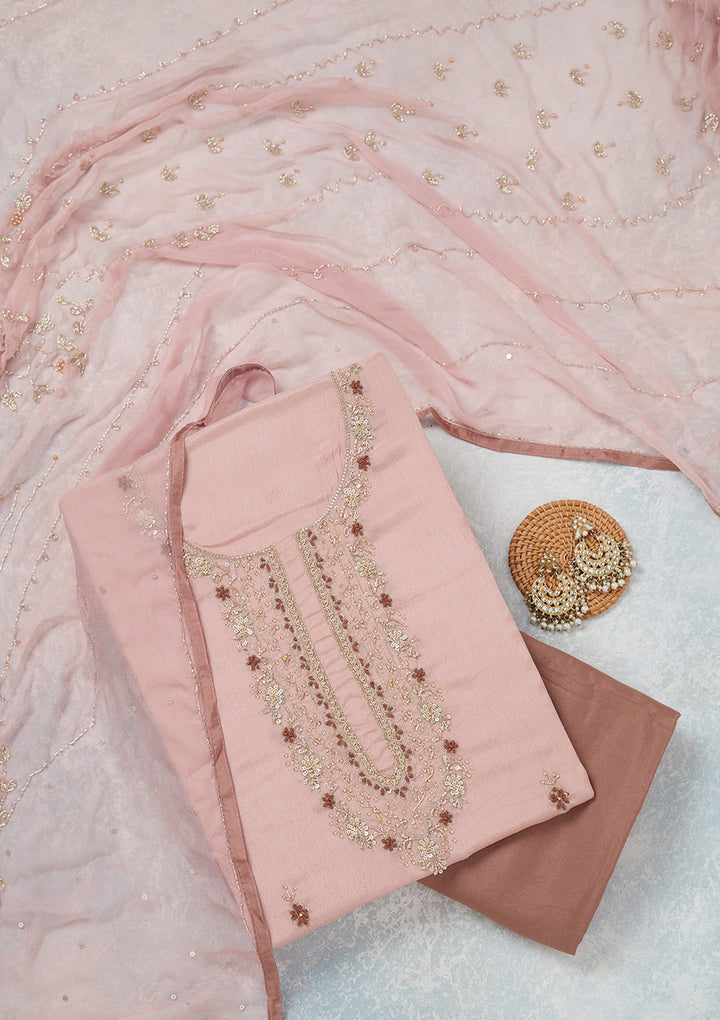 Mauve Georgette Cutdana Unstitched Dress Material With Matching Bottom And Dupatta
