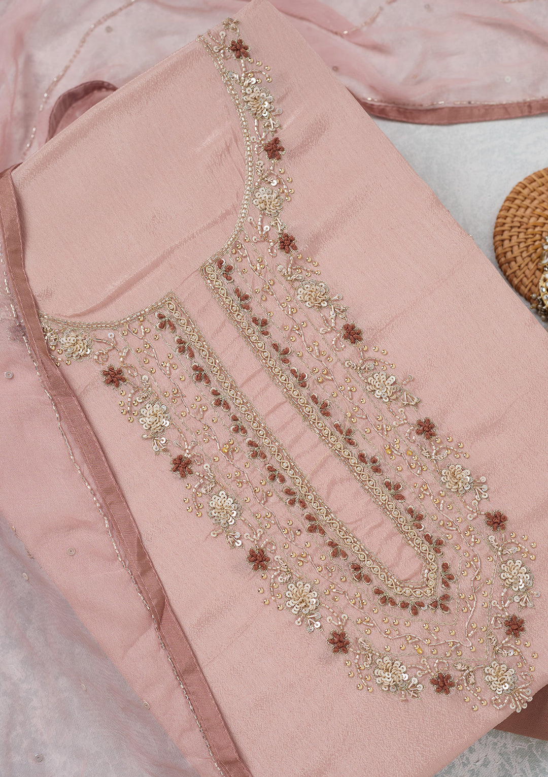 Mauve Georgette Cutdana Unstitched Dress Material With Matching Bottom And Dupatta
