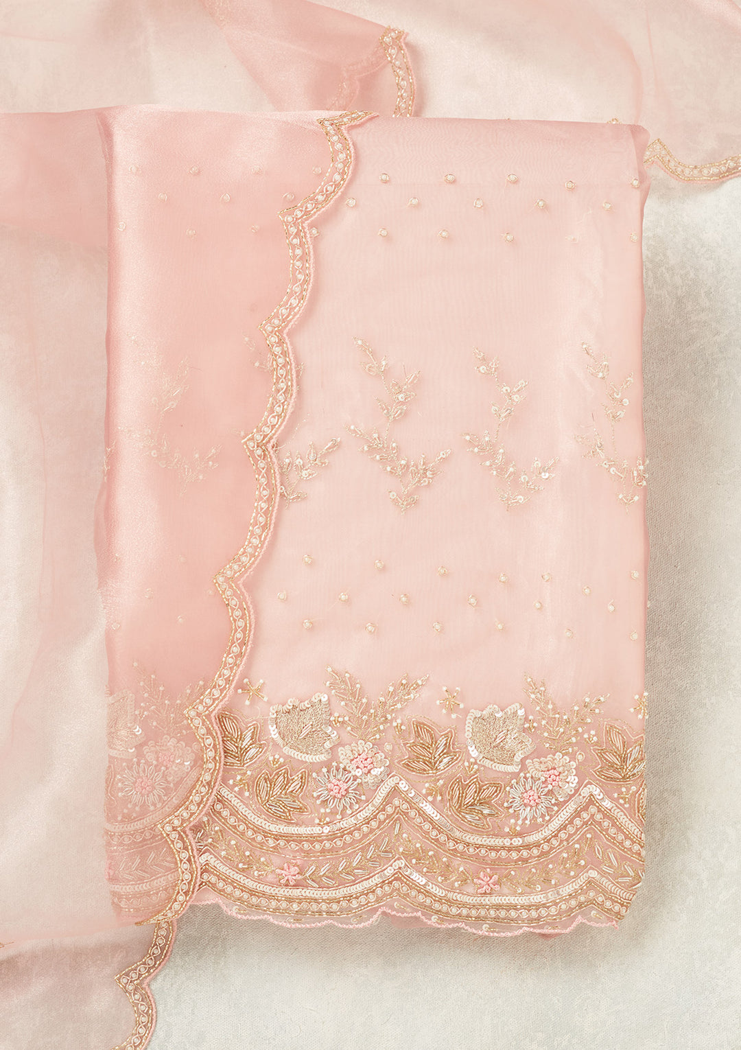 Pink Zardozi (Gold) Organza Unstitched Salwar Suit