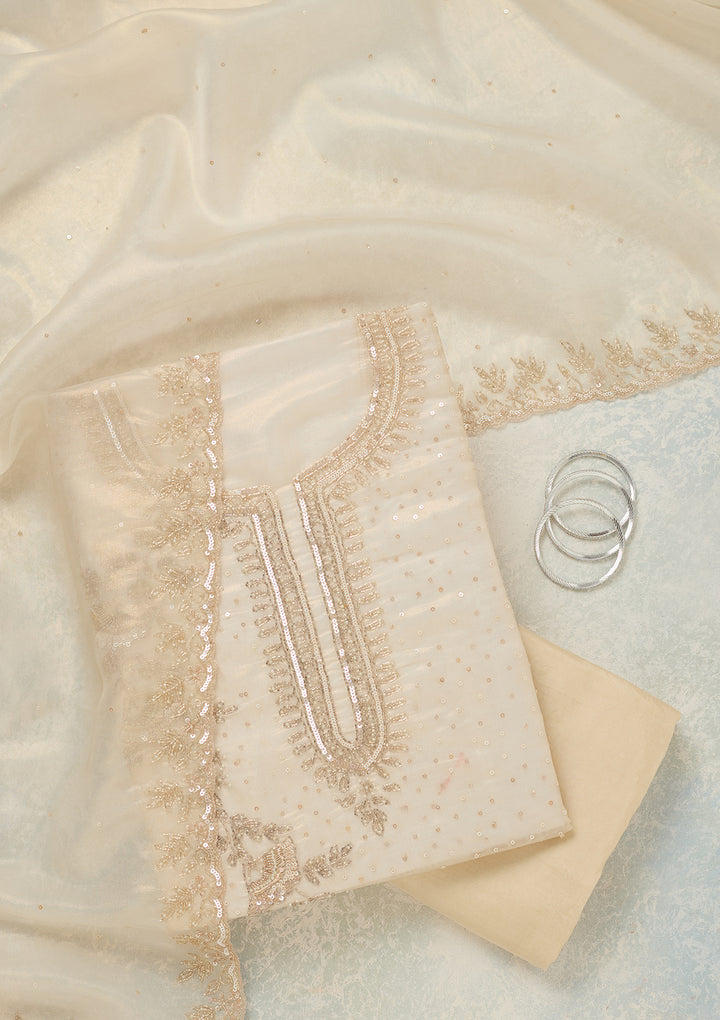 Off White Tissue Cutdana Unstitched Dress Material With Matching Bottom And Dupatta