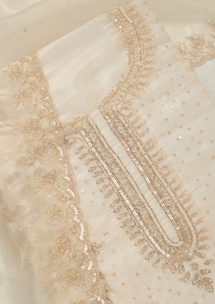 Off White Tissue Cutdana Unstitched Dress Material With Matching Bottom And Dupatta