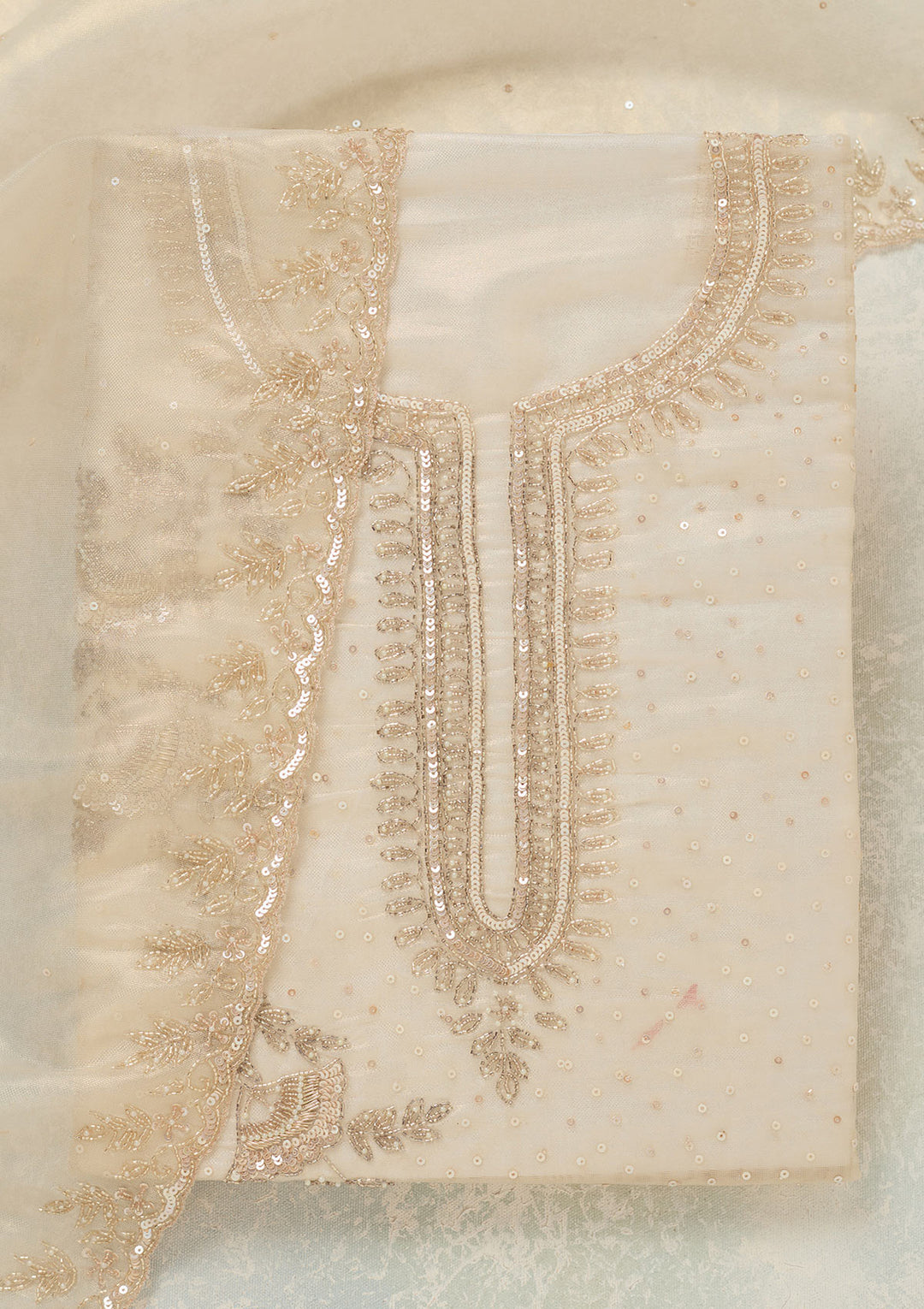Off White Tissue Cutdana Unstitched Dress Material With Matching Bottom And Dupatta