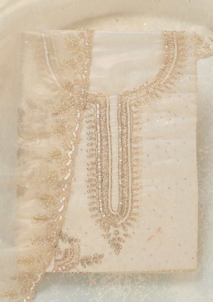 Off White Tissue Cutdana Unstitched Dress Material With Matching Bottom And Dupatta