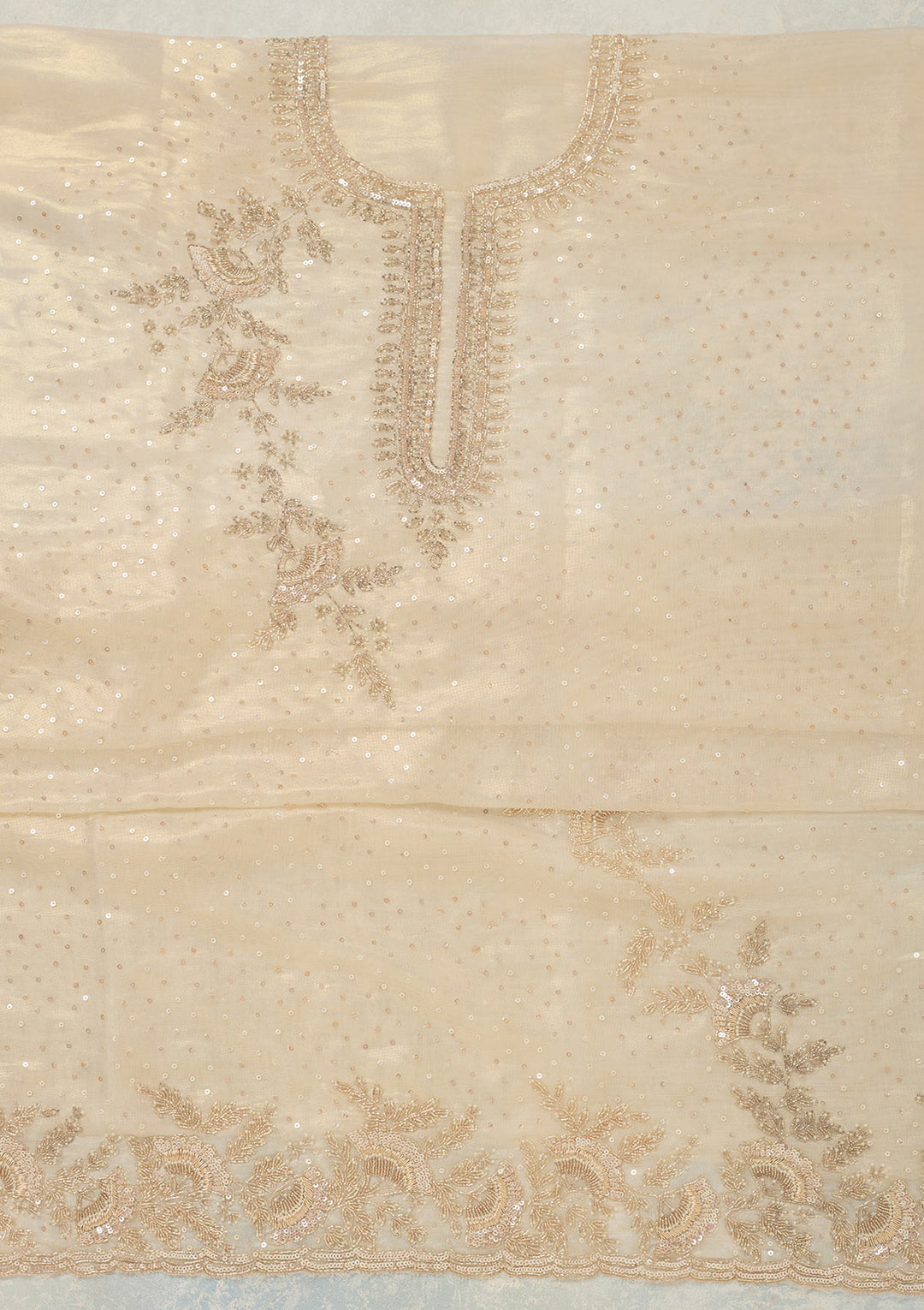 Off White Tissue Cutdana Unstitched Dress Material With Matching Bottom And Dupatta