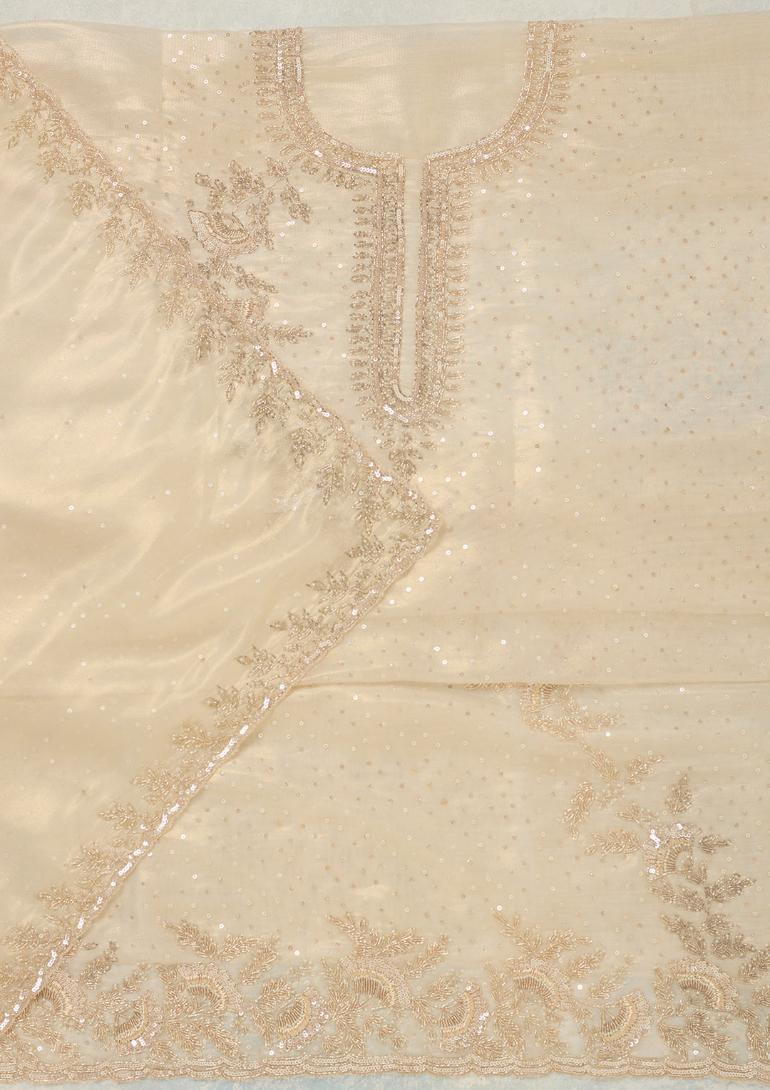 Off White Tissue Cutdana Unstitched Dress Material With Matching Bottom And Dupatta