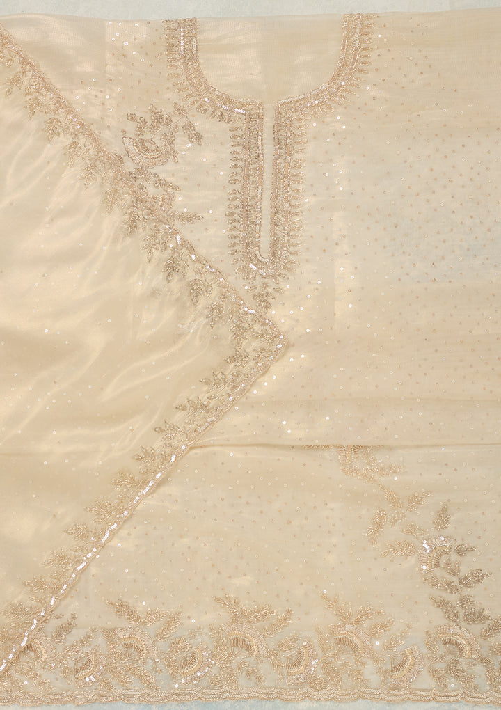 Off White Tissue Cutdana Unstitched Dress Material With Matching Bottom And Dupatta