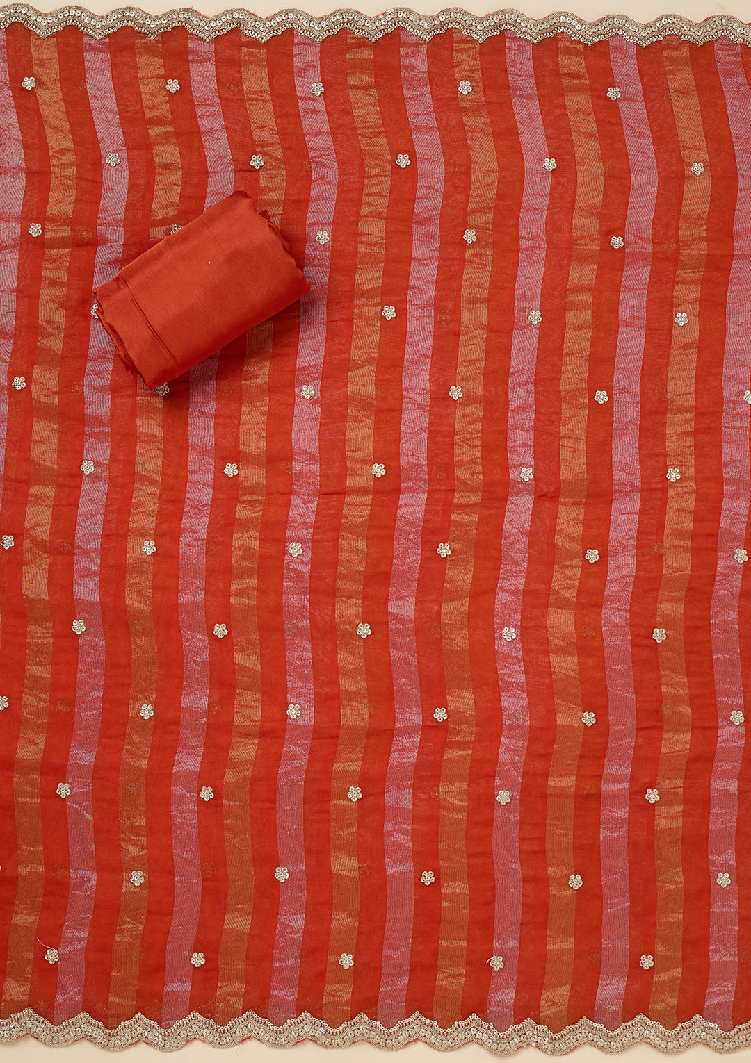 Rust Crepe Gold Zariwork Unstitched Dress Material With Matching Bottom And Dupatta