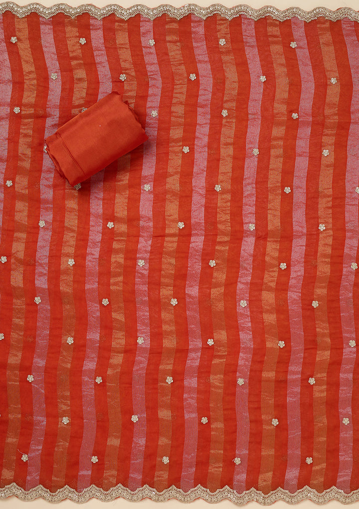 Rust Crepe Gold Zariwork Unstitched Dress Material With Matching Bottom And Dupatta