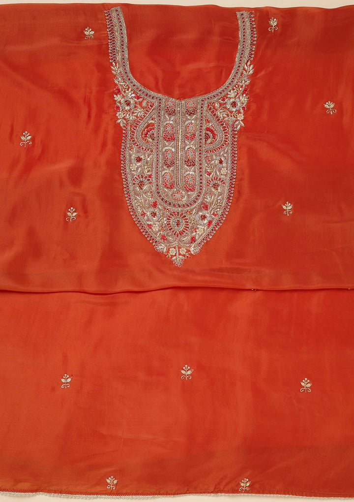 Rust Crepe Gold Zariwork Unstitched Dress Material With Matching Bottom And Dupatta