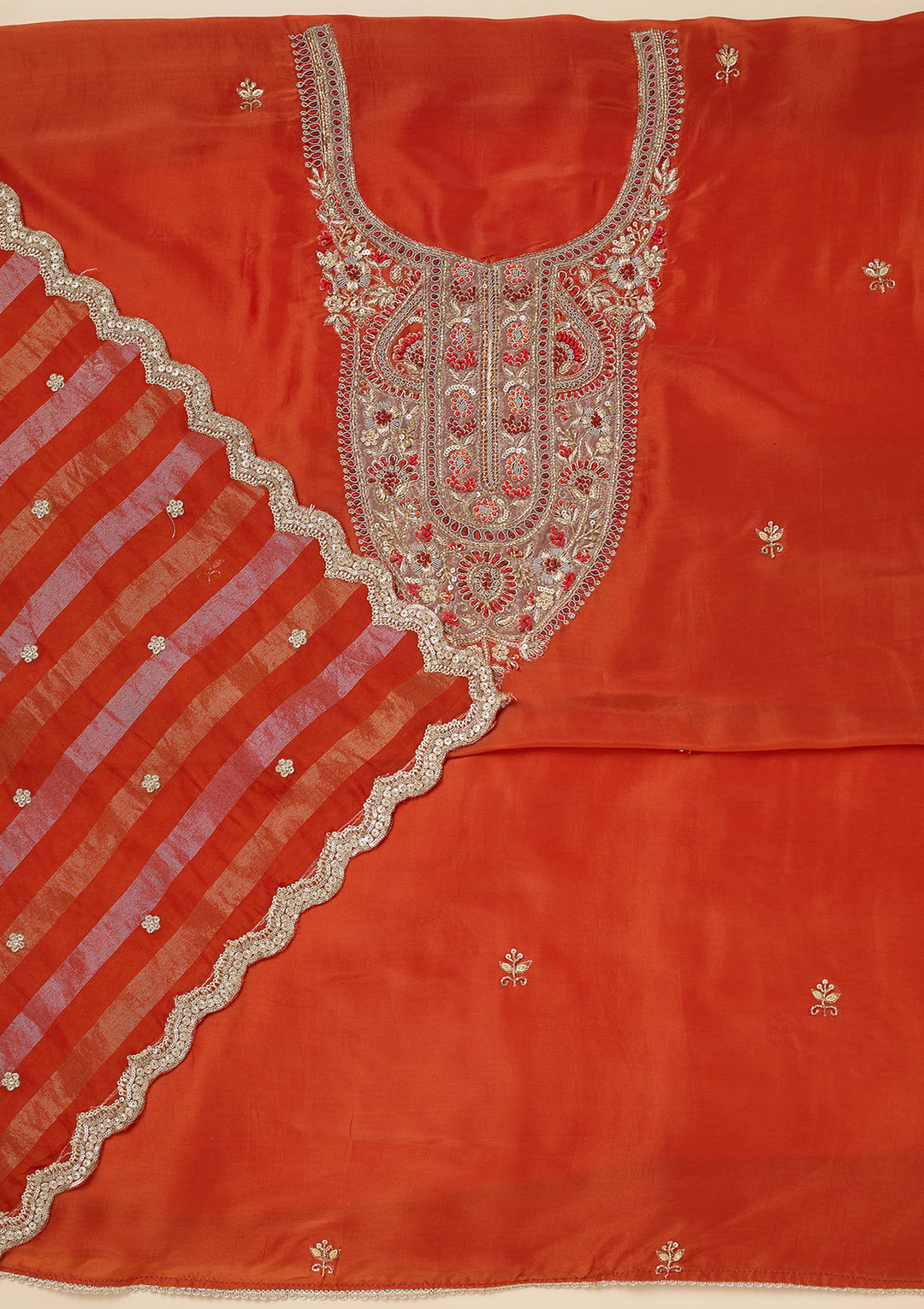 Rust Crepe Gold Zariwork Unstitched Dress Material With Matching Bottom And Dupatta