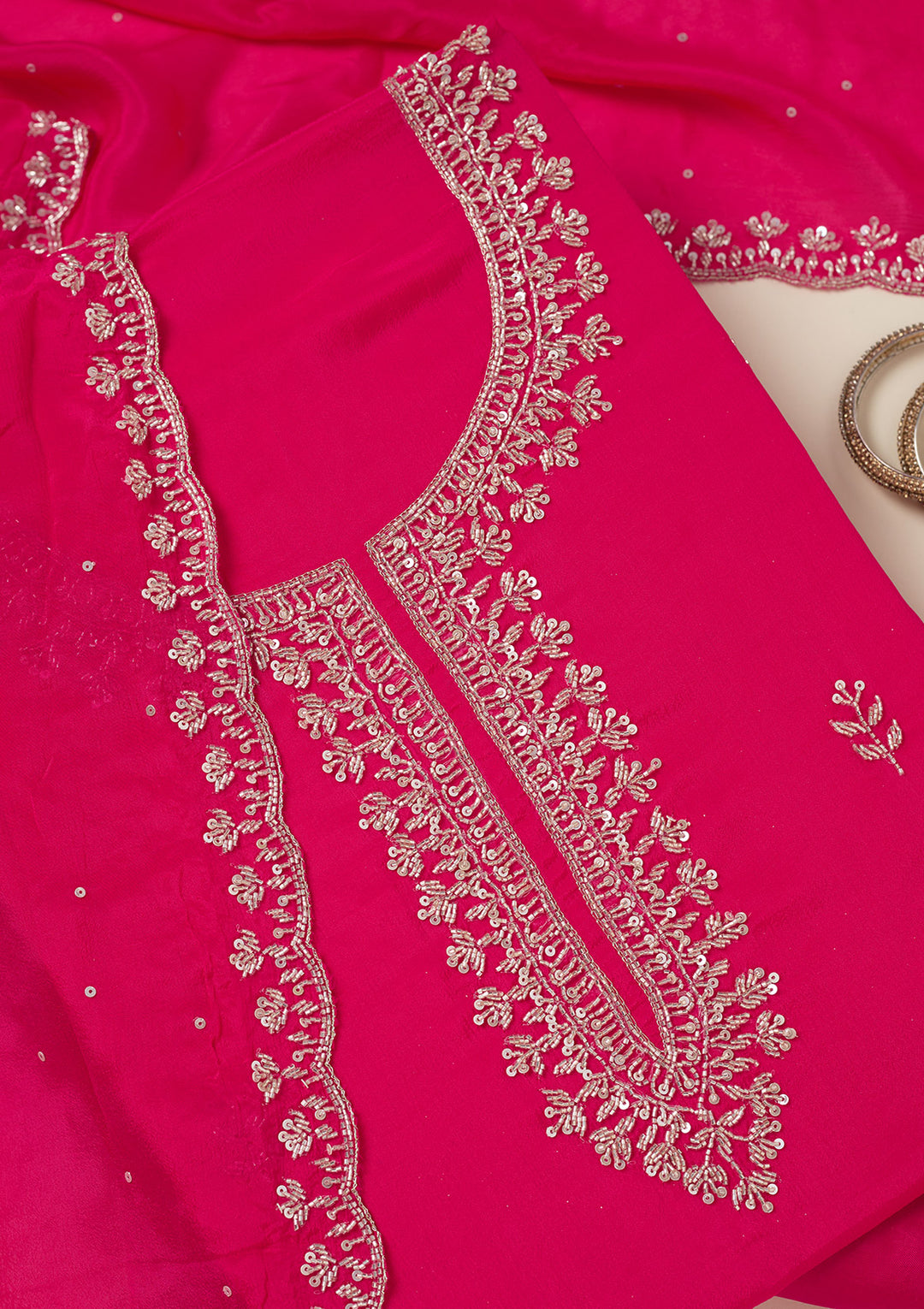 Rani Pink Cutdana Crepe Unstitched Salwar Suit