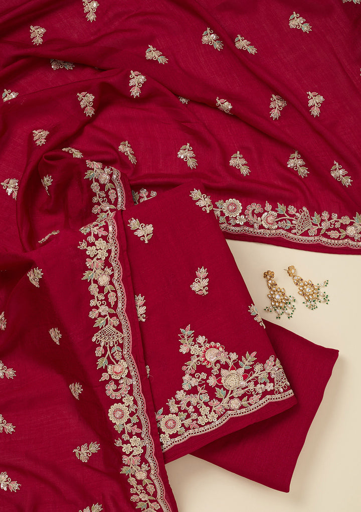 Rani Pink Soft Raw Silk Gold Zariwork Unstitched Dress Material With Matching Bottom And Dupatta