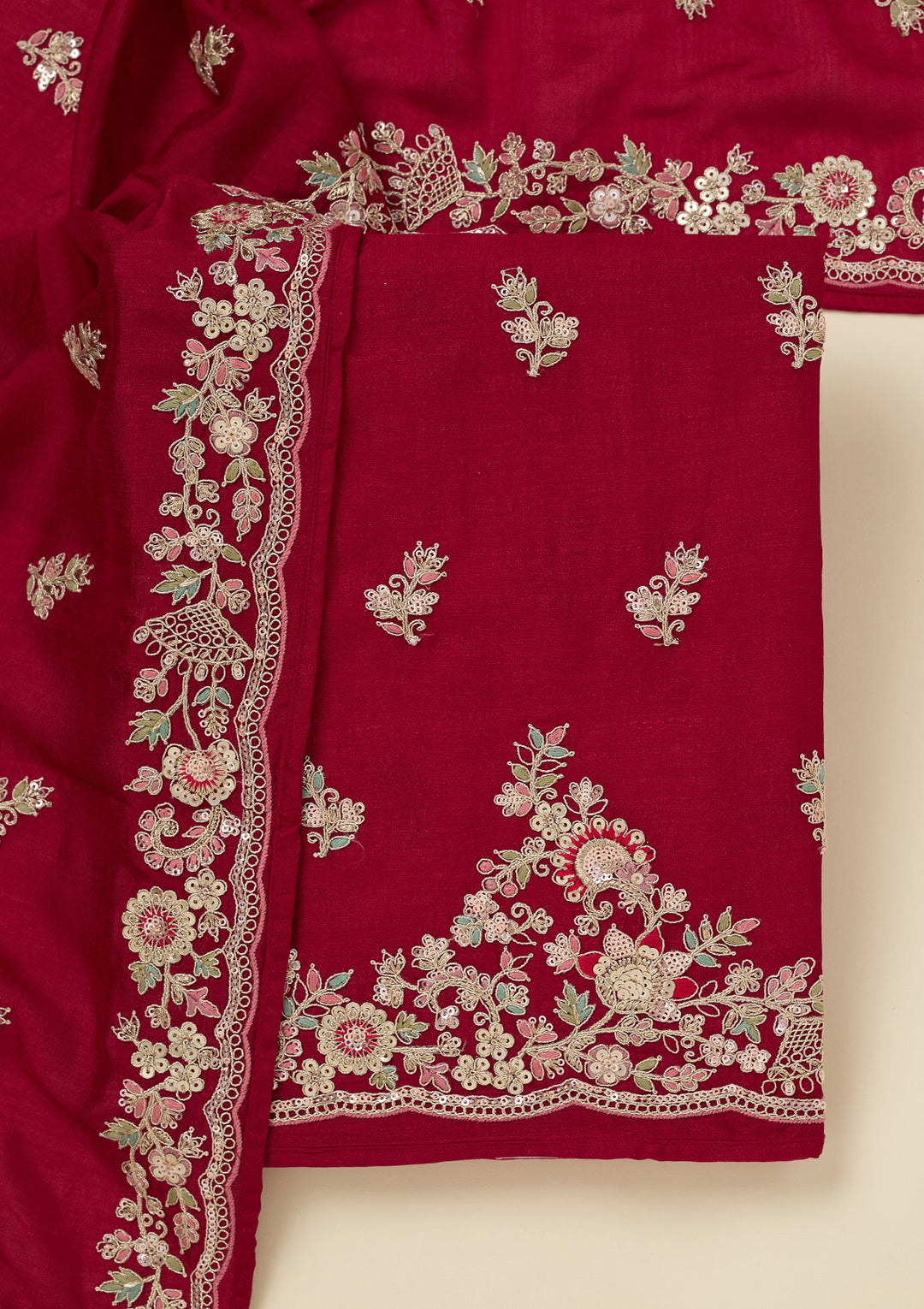 Rani Pink Soft Raw Silk Gold Zariwork Unstitched Dress Material With Matching Bottom And Dupatta