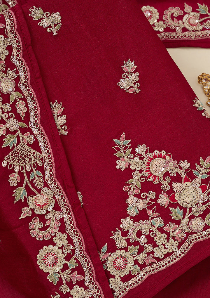 Rani Pink Soft Raw Silk Gold Zariwork Unstitched Dress Material With Matching Bottom And Dupatta