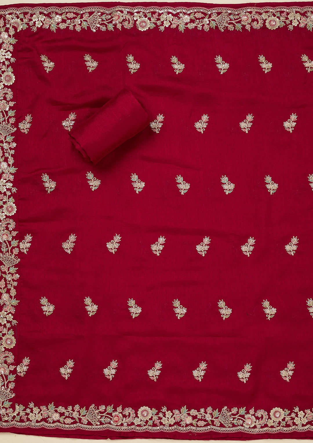 Rani Pink Soft Raw Silk Gold Zariwork Unstitched Dress Material With Matching Bottom And Dupatta