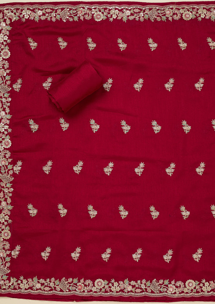 Rani Pink Soft Raw Silk Gold Zariwork Unstitched Dress Material With Matching Bottom And Dupatta