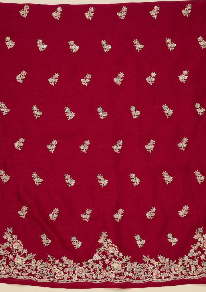 Rani Pink Soft Raw Silk Gold Zariwork Unstitched Dress Material With Matching Bottom And Dupatta