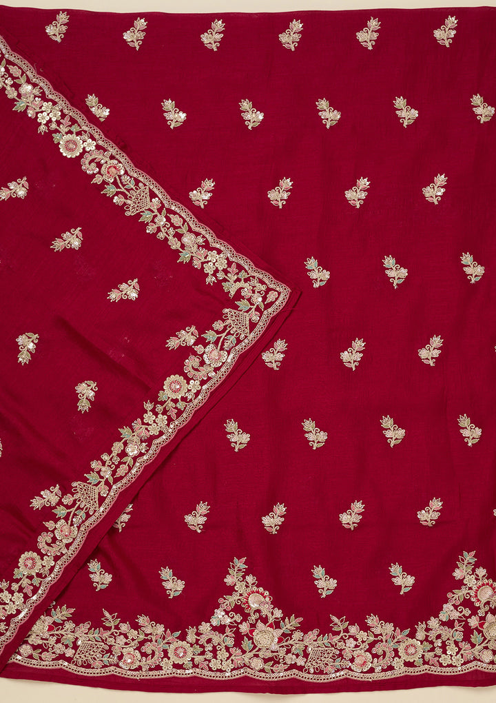 Rani Pink Soft Raw Silk Gold Zariwork Unstitched Dress Material With Matching Bottom And Dupatta