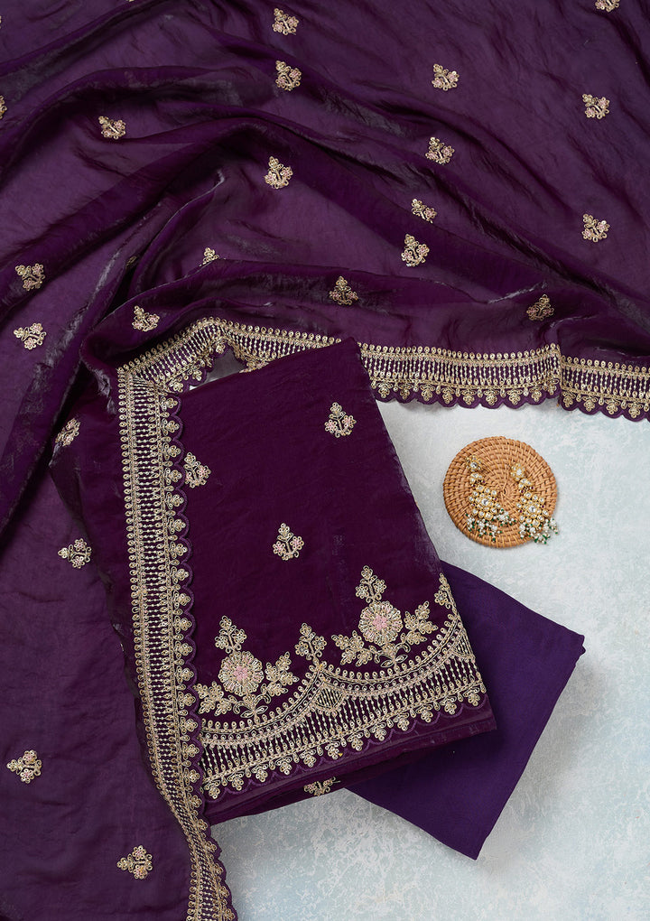 Purple Soft Raw Silk Gold Zariwork Unstitched Dress Material With Matching Bottom And Dupatta