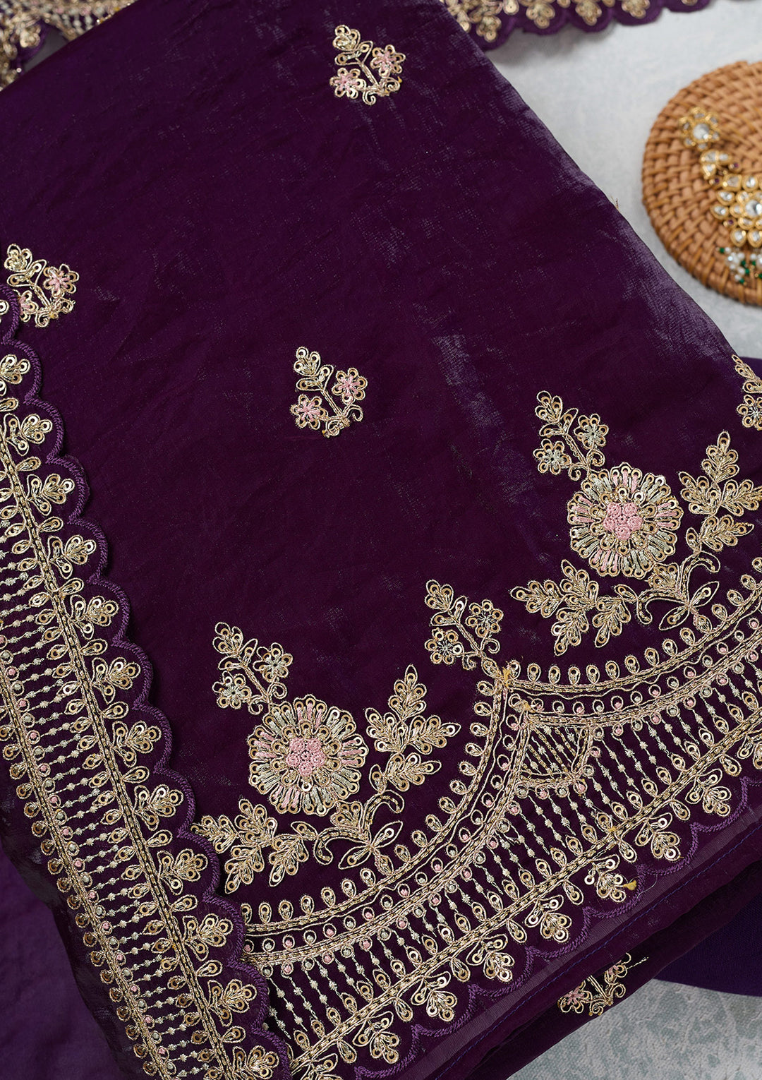Purple Soft Raw Silk Gold Zariwork Unstitched Dress Material With Matching Bottom And Dupatta