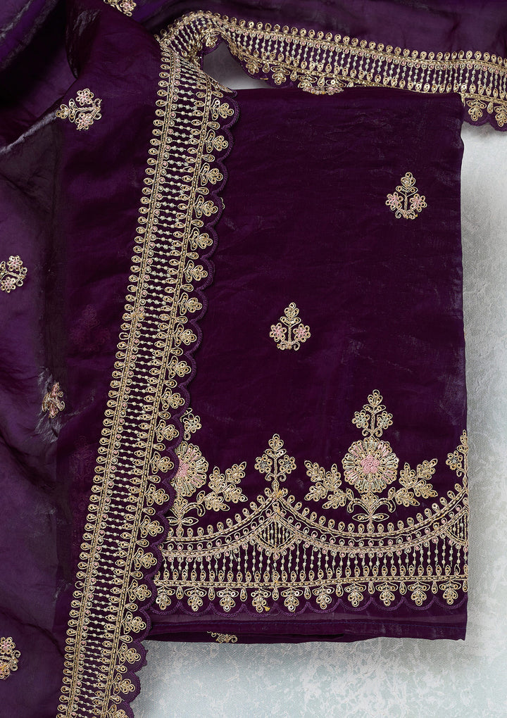 Purple Soft Raw Silk Gold Zariwork Unstitched Dress Material With Matching Bottom And Dupatta