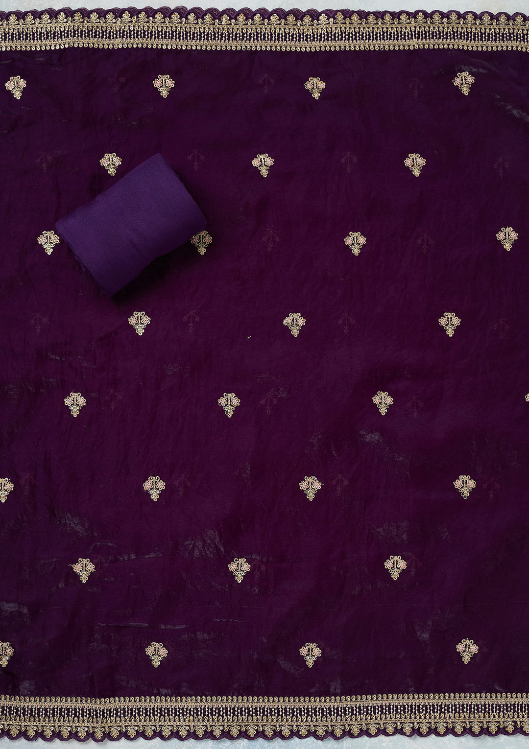 Purple Soft Raw Silk Gold Zariwork Unstitched Dress Material With Matching Bottom And Dupatta