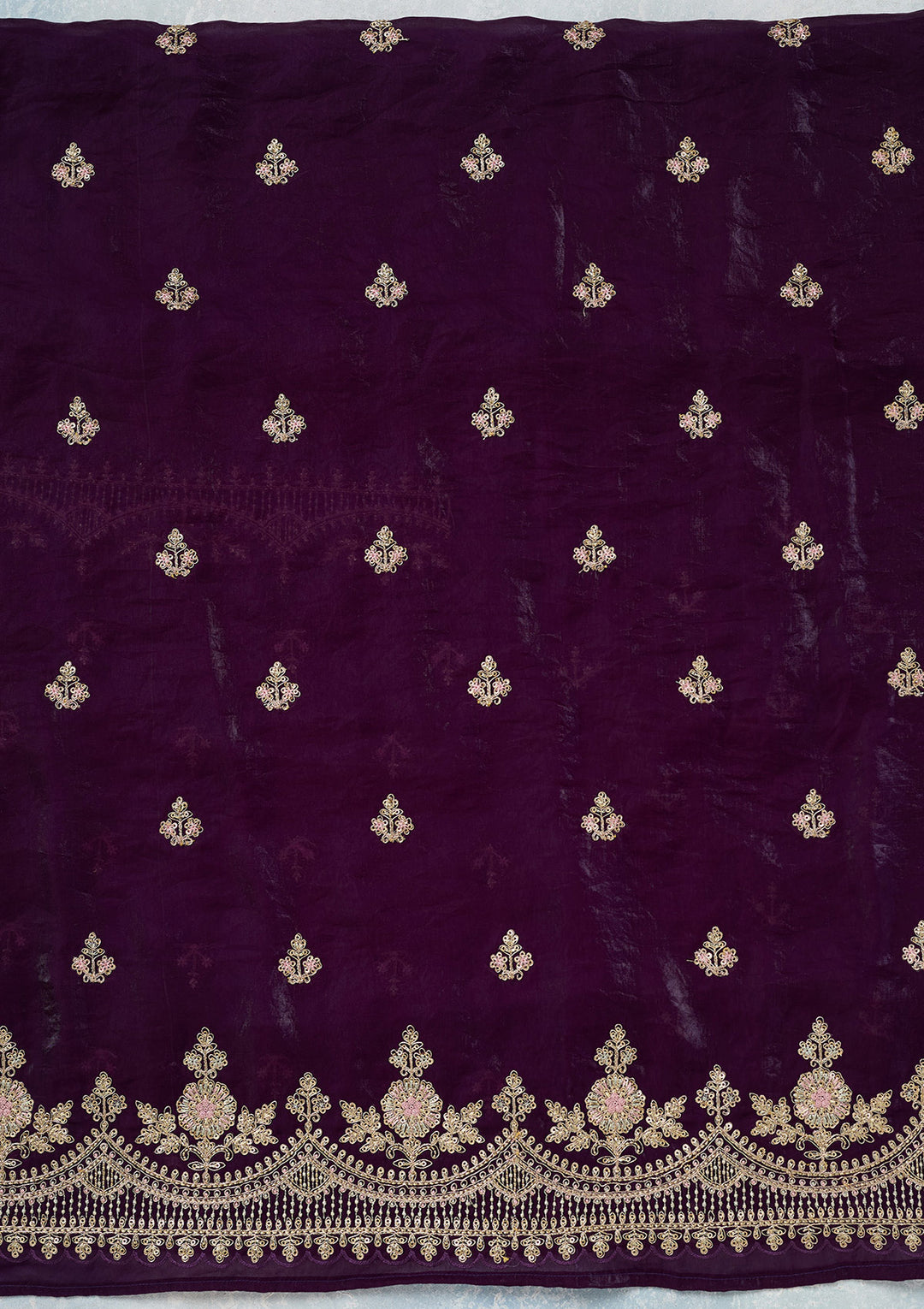 Purple Soft Raw Silk Gold Zariwork Unstitched Dress Material With Matching Bottom And Dupatta