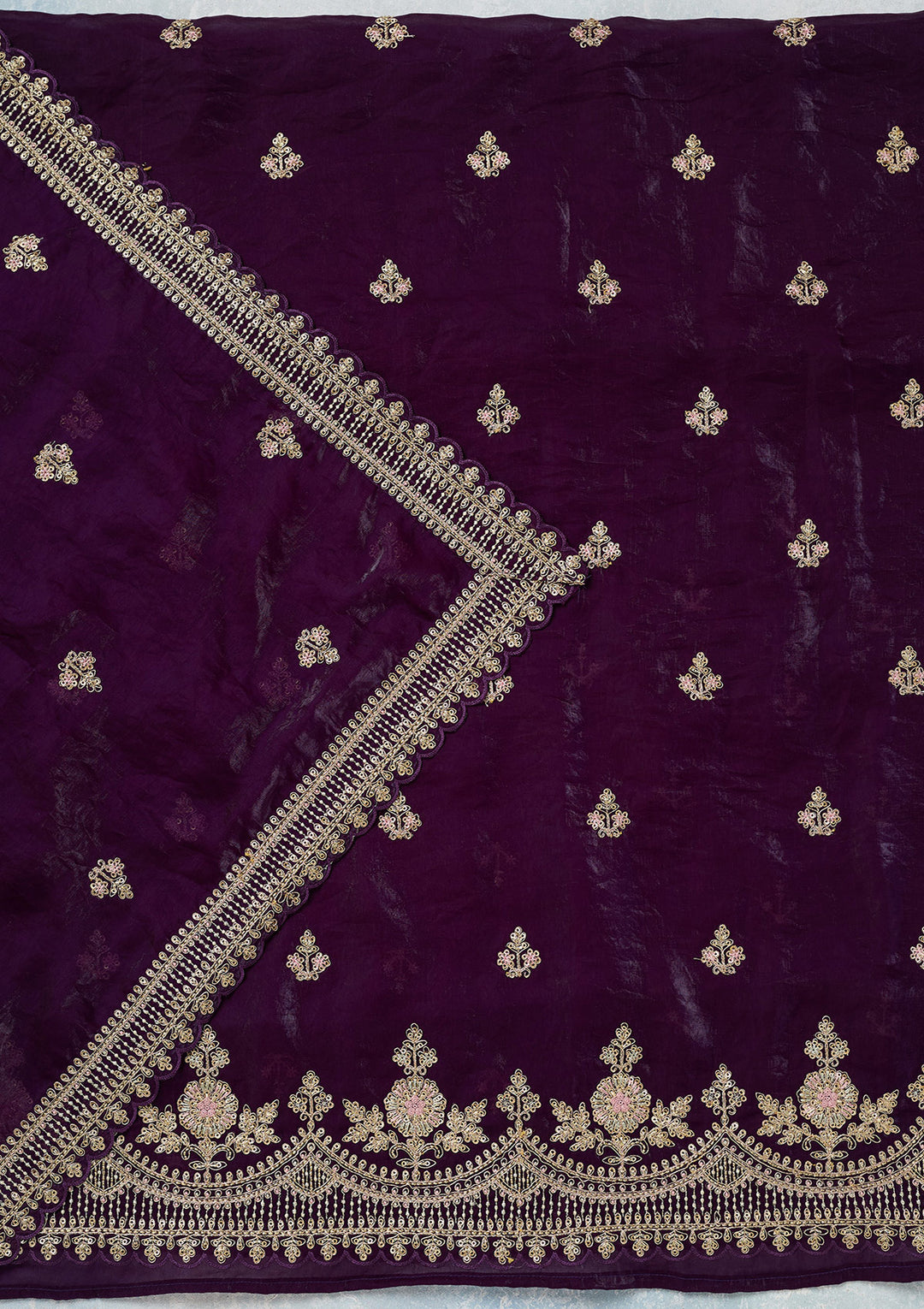 Purple Soft Raw Silk Gold Zariwork Unstitched Dress Material With Matching Bottom And Dupatta
