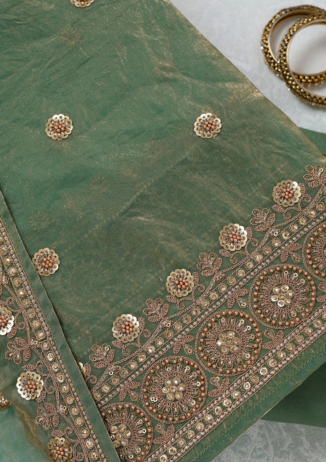 Mehandi Green Cording Organza Unstitched Salwar Suit