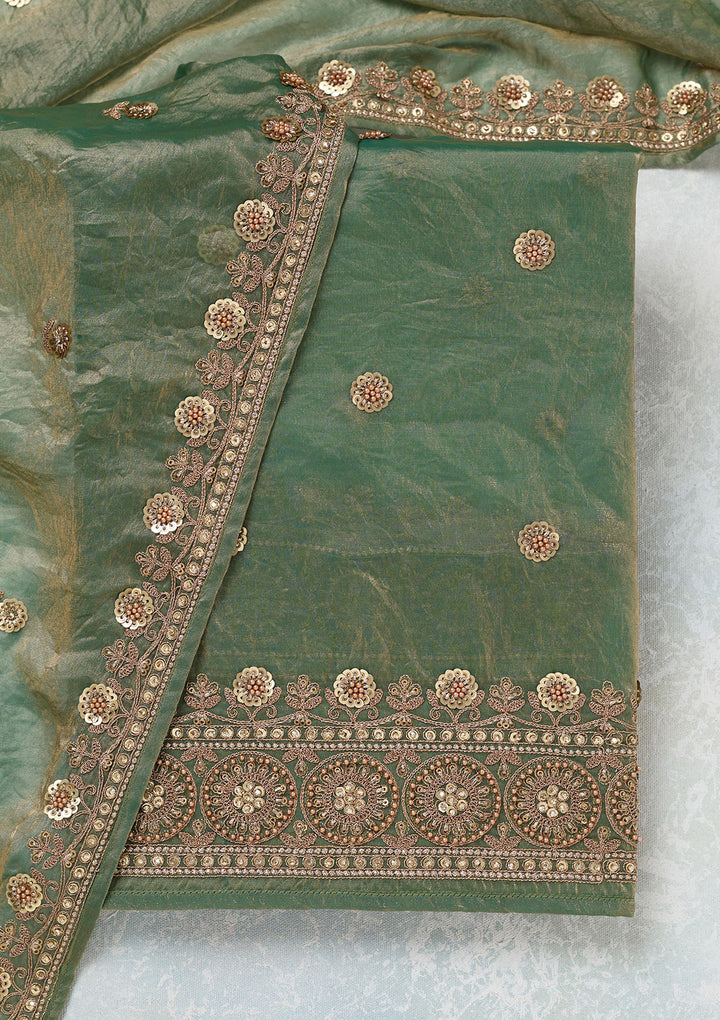 Mehandi Green Cording Organza Unstitched Salwar Suit