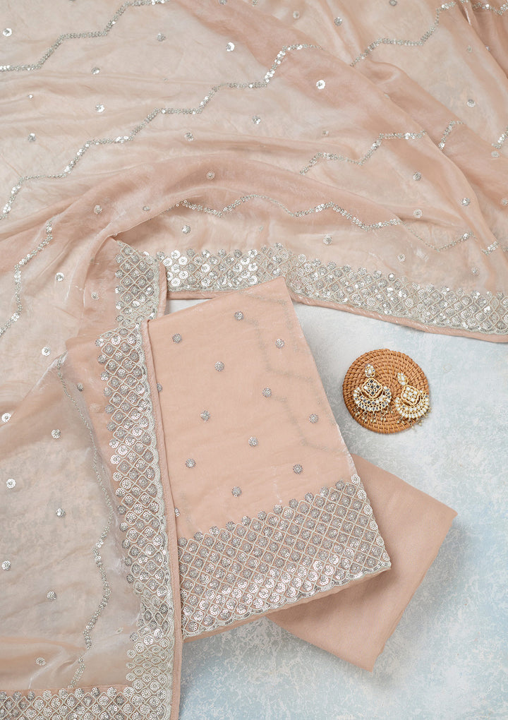 Beige Organza Sequins Unstitched Dress Material With Matching Bottom And Dupatta