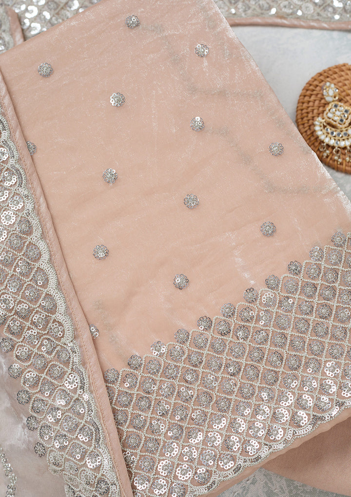 Beige Organza Sequins Unstitched Dress Material With Matching Bottom And Dupatta