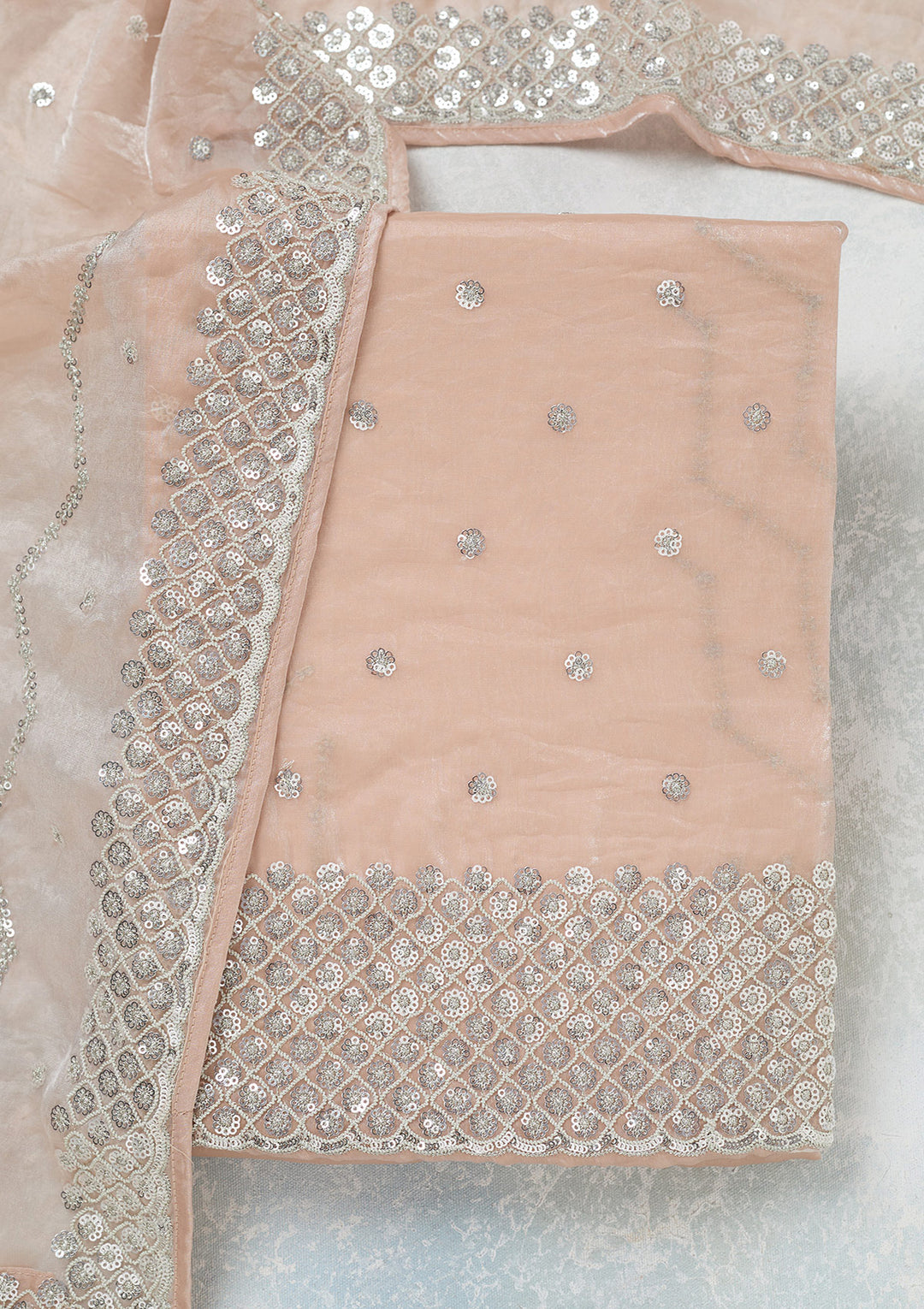 Beige Organza Sequins Unstitched Dress Material With Matching Bottom And Dupatta