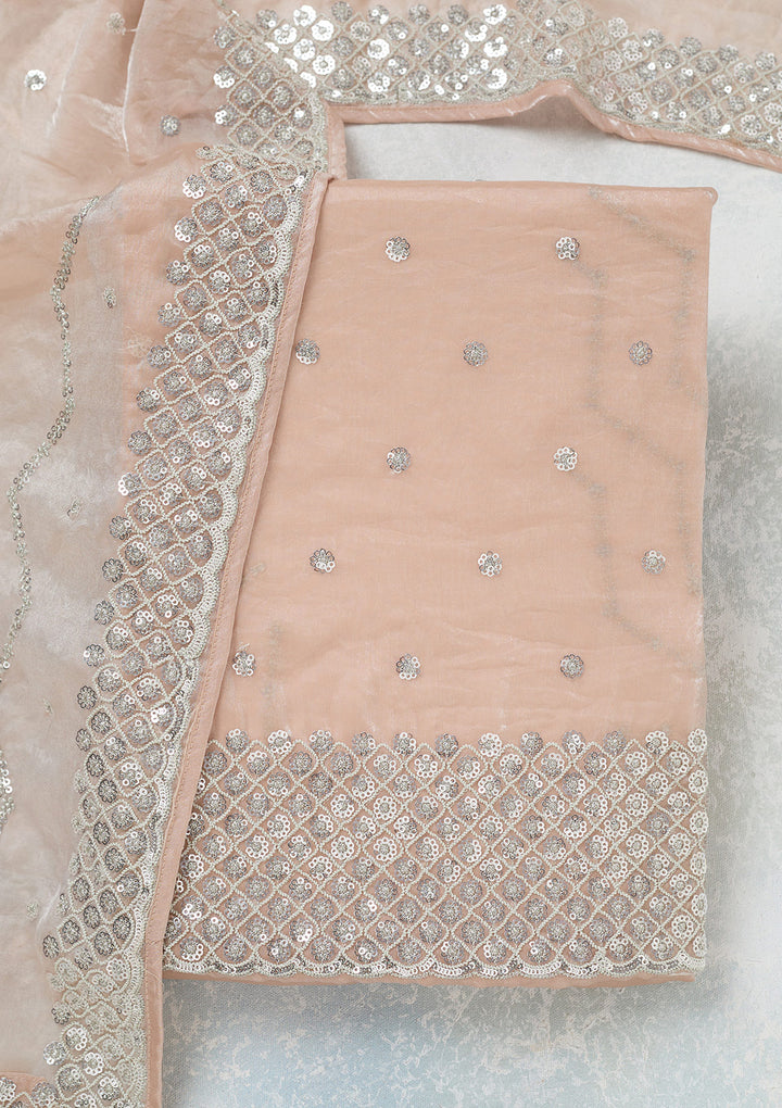 Beige Organza Sequins Unstitched Dress Material With Matching Bottom And Dupatta