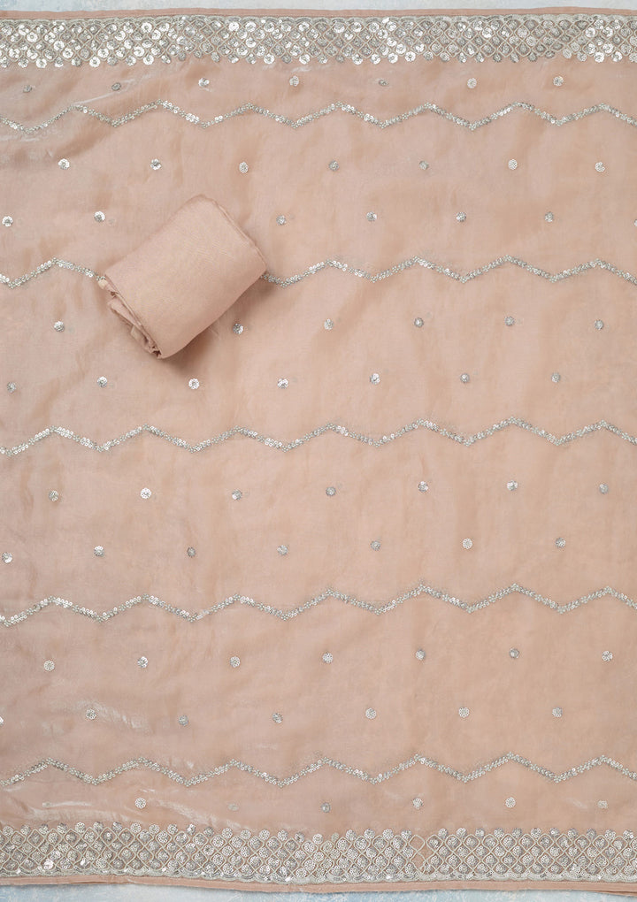 Beige Organza Sequins Unstitched Dress Material With Matching Bottom And Dupatta