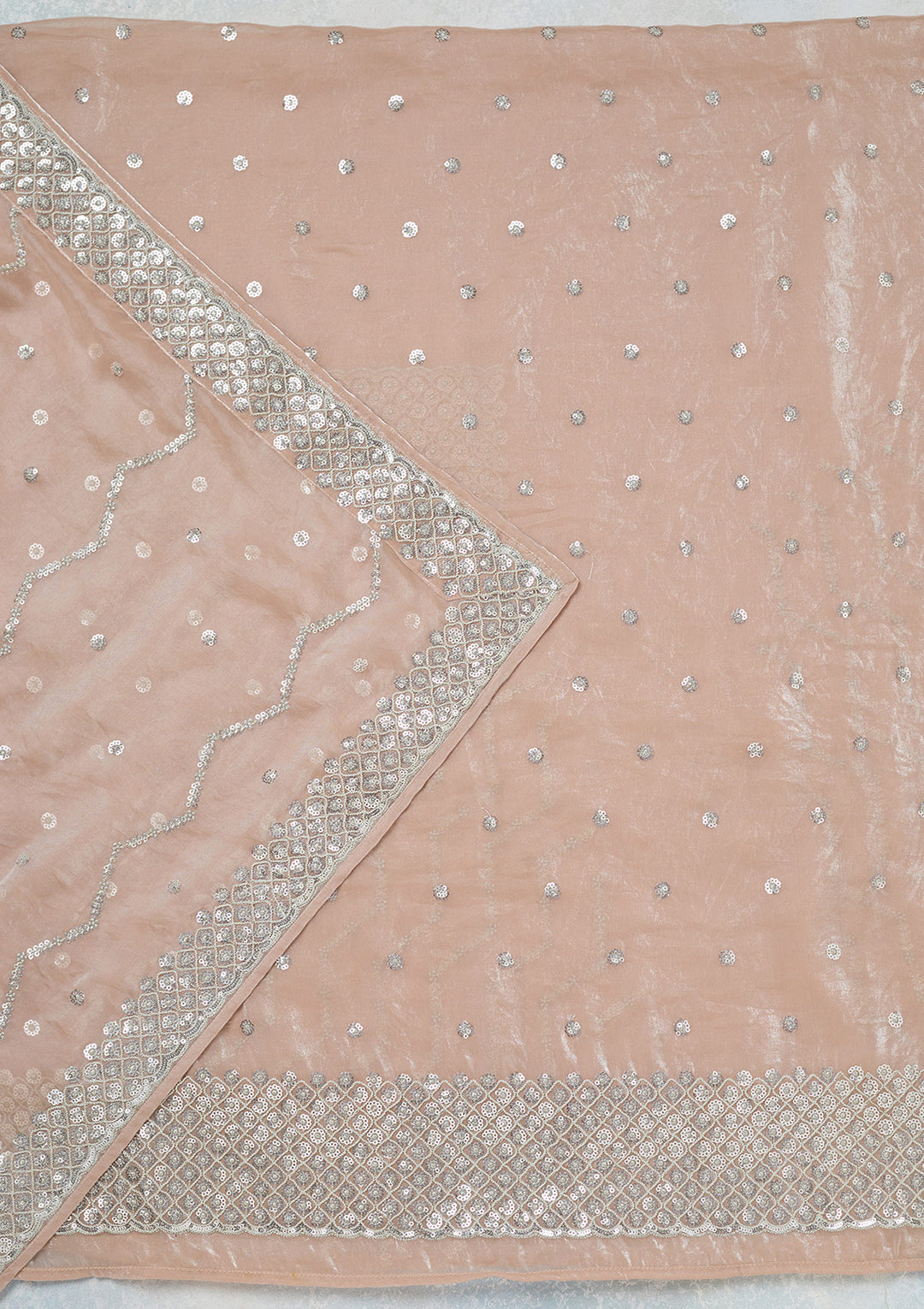Beige Organza Sequins Unstitched Dress Material With Matching Bottom And Dupatta