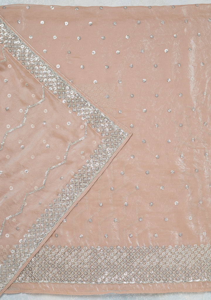 Beige Organza Sequins Unstitched Dress Material With Matching Bottom And Dupatta